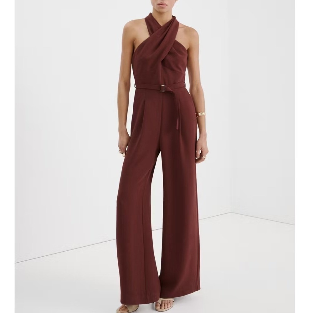 MANGO Twist Halter Neck Straight Leg Jumpsuit Burgundy Red XS NWT